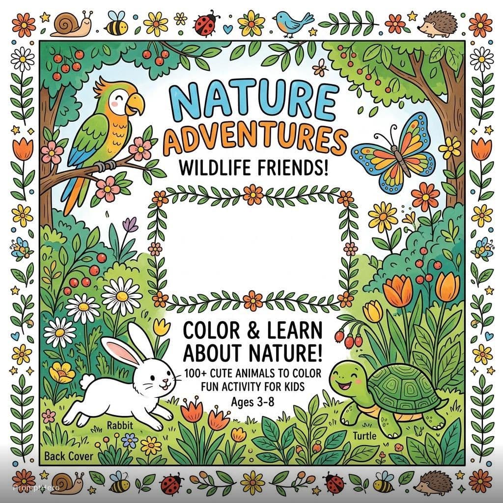AI generated: "Children's coloring book back cover featuring a mix of cute wildlife animals including a parrot, bu...
