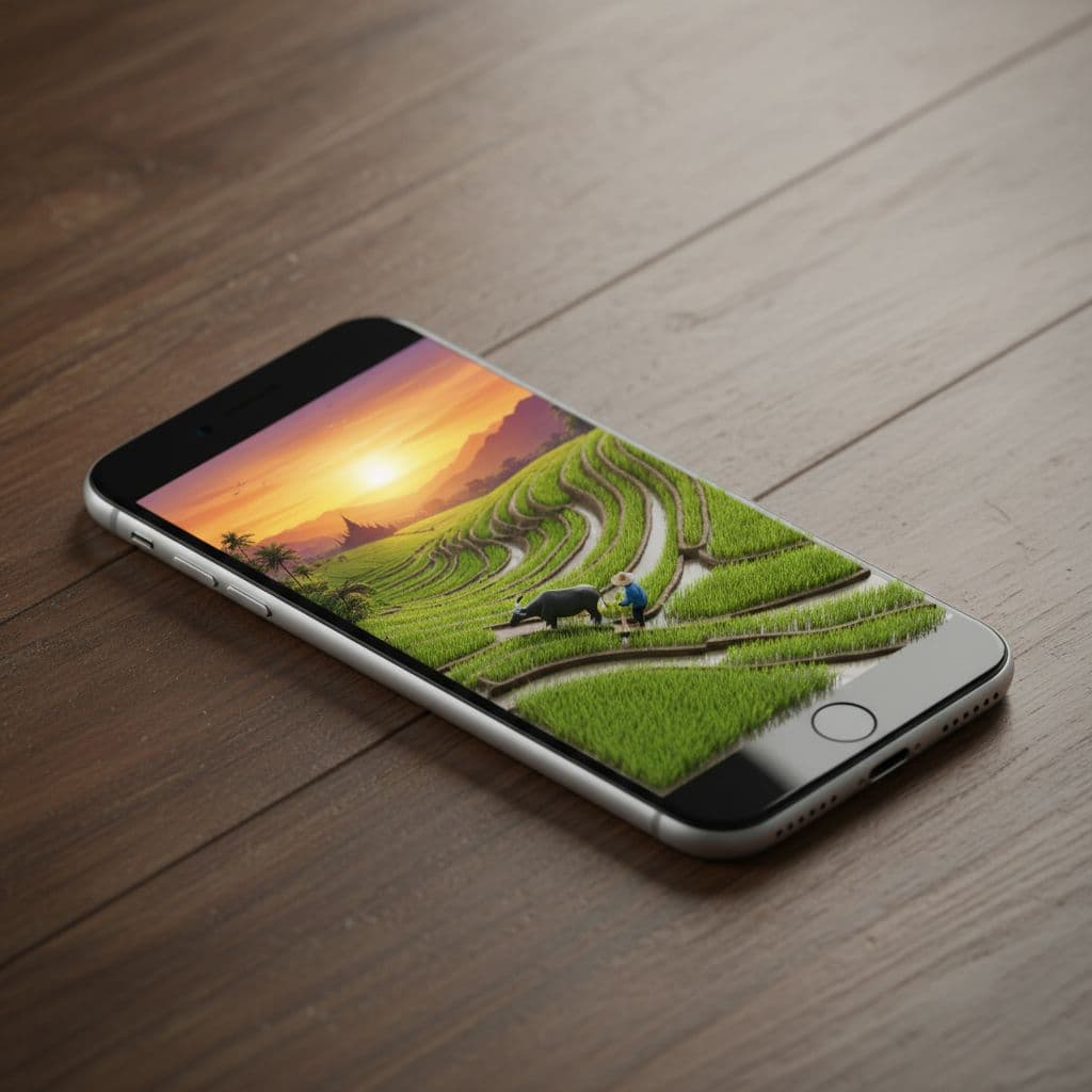 AI generated: a hyperrealistic isometric vertical shot of an iPhone placed on a wooden table, on the phone screen ...
