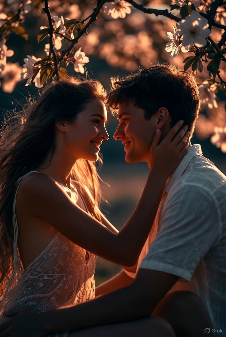 AI generated: Use Chiaroscuro lighting technique: 
Expressions and traits of LOVE in a young couple's face, body,...