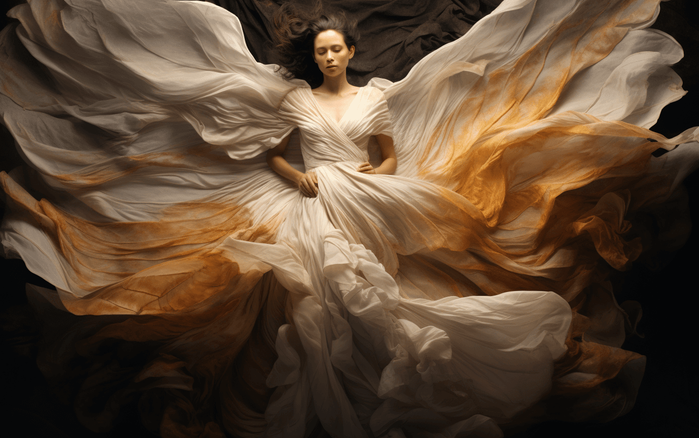 AI generated: A woman is flying in a dress, in the style of detailed feather rendering, dark white and light amber...