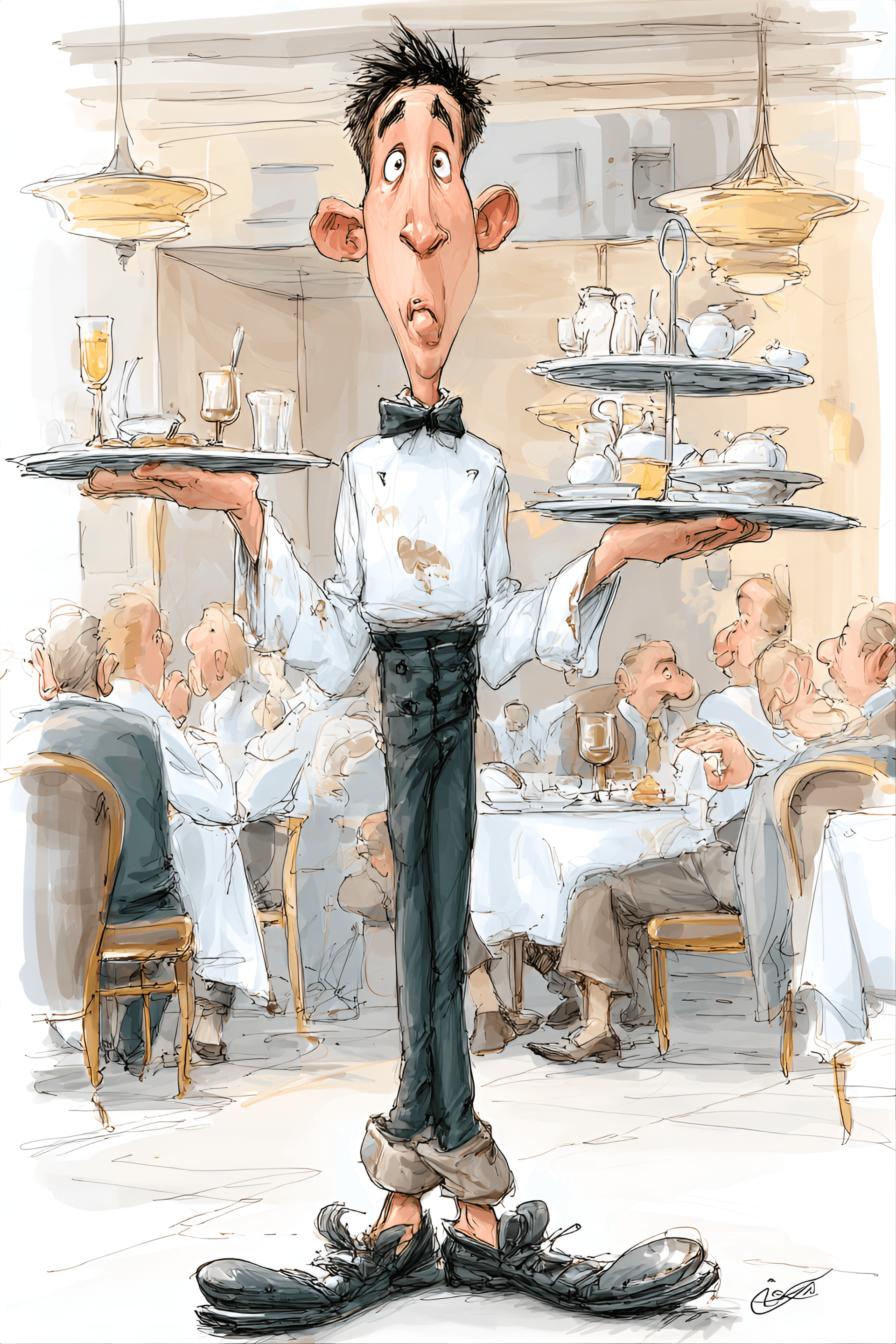 AI generated: funny caricature, clumsy waiter, chinese ethnicity, 25 years old, nervous, eager-to-please, accident...