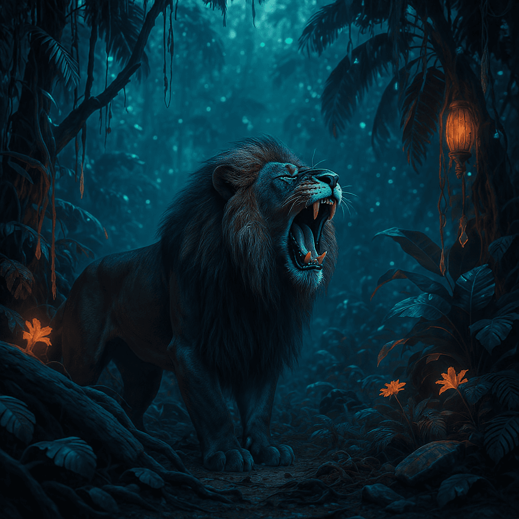 AI generated: Centered image. 400 pixels. A lion roaring in a bioluminescent jungle setting.
