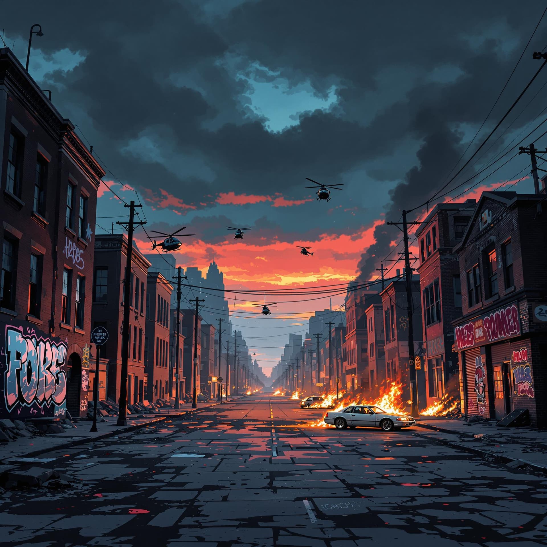 AI generated: hip hop graffiti abandoned empty street buildings and a car or 2 are on fire, police helicopters ove...