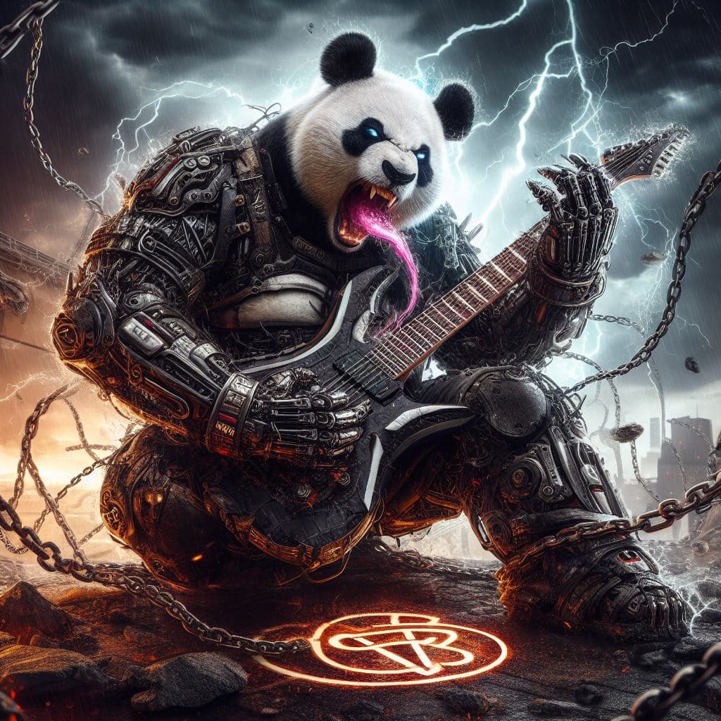 AI generated: "Badass Panda playing guitar (Bc Rich brand) with dark aura around, overwhelmed by his power, heavil...