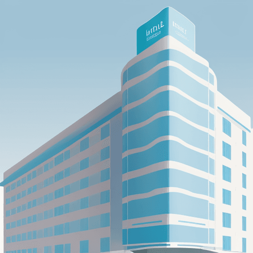 AI generated: Light blue simple Marketing graphic of the outline of a hotel building with a transparent background