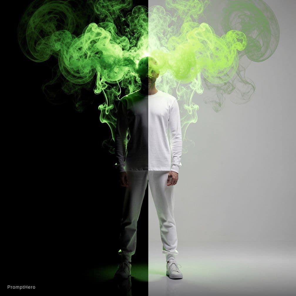 AI generated: photograph, front central shot, full-length, unknown gender figure, black and vibrant radioactive gr...