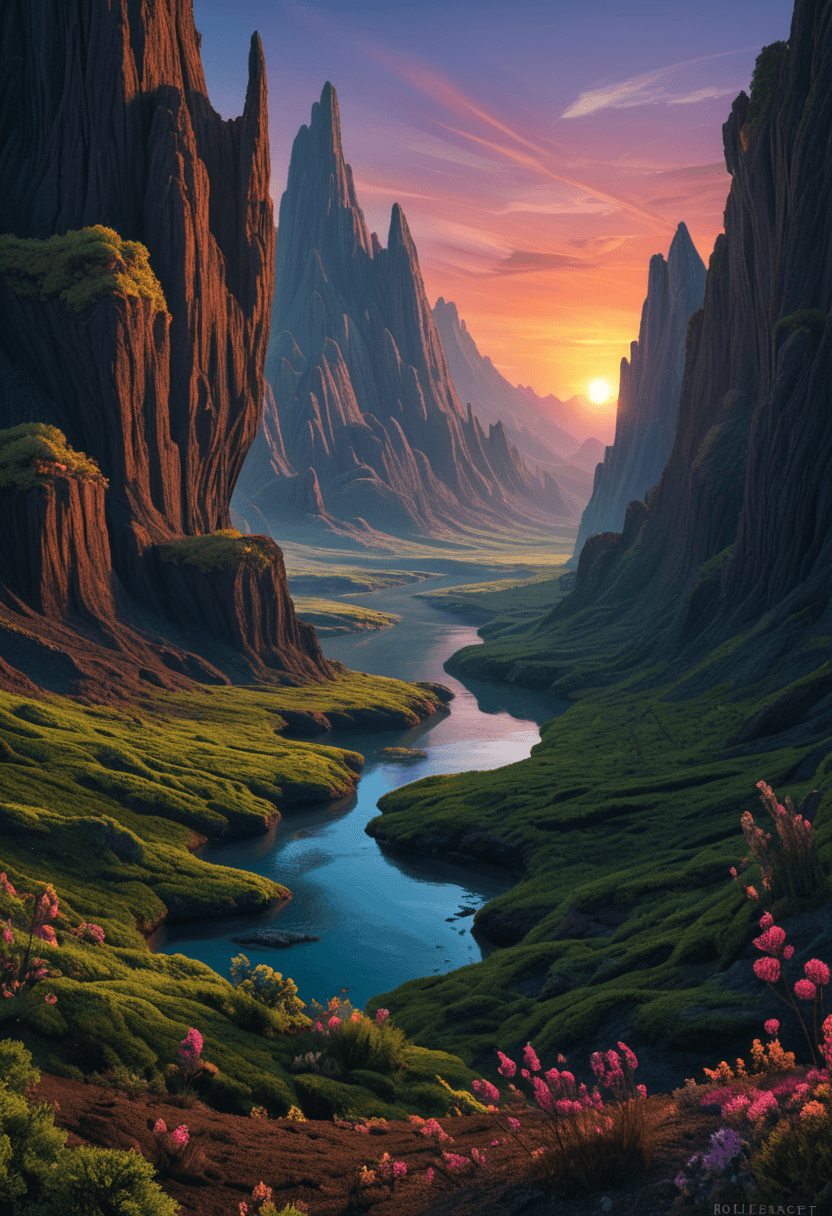 AI generated: Fantasy landscape,sunset,dynamic colors,bioluminescent alien plants,nebula,highres,realistic
