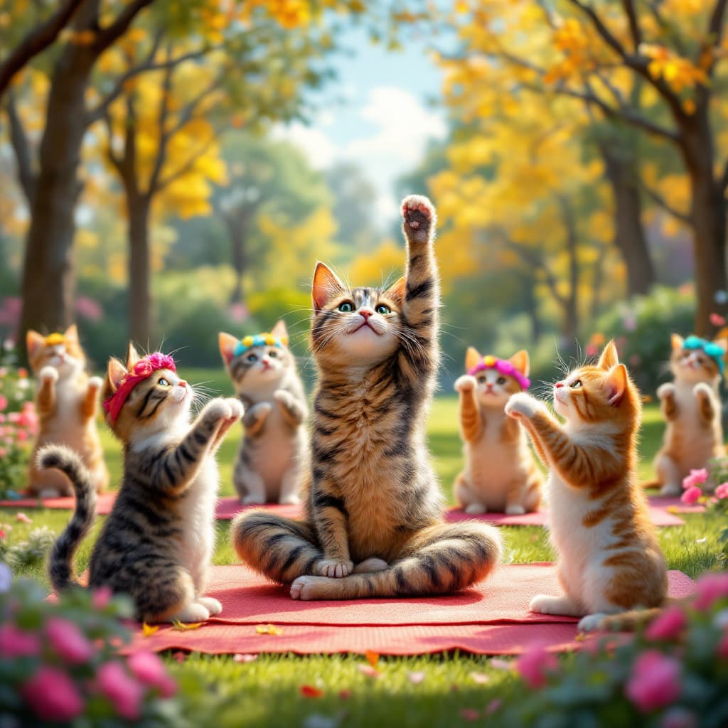 AI generated: "Imagine a whimsical art scene where a group of cats is hosting a yoga class in a bright, colorful p...