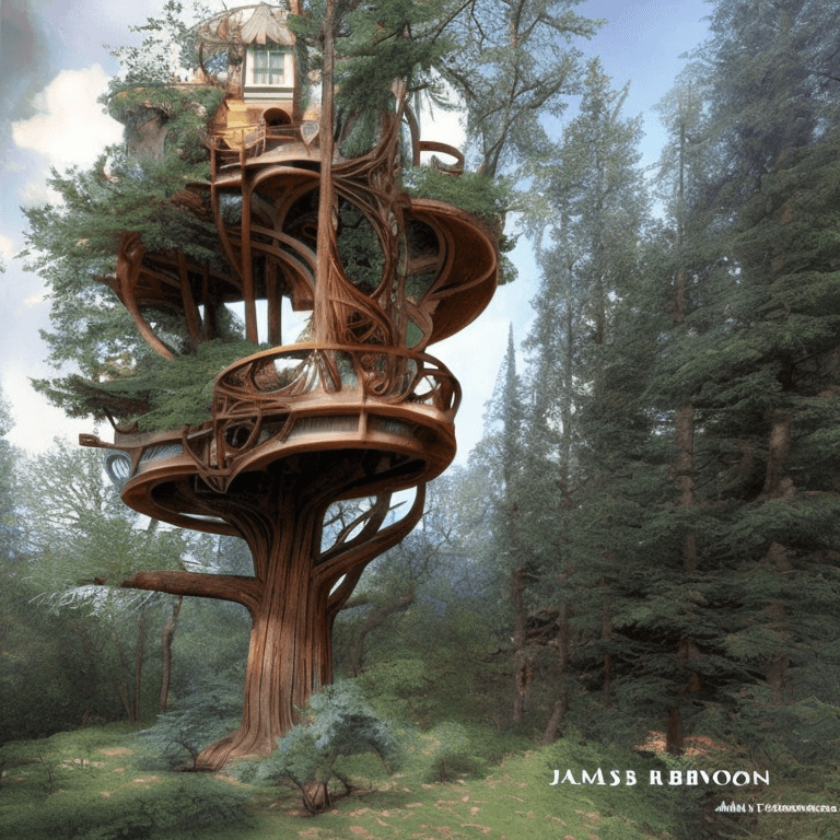 AI generated: art nouveau treehouse by jean-leon gerome :: art nouveau treehouse by james paick ::2 art nouveau tr...