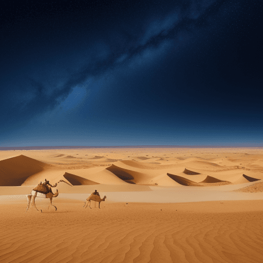 AI generated: "The vast desert, as it was in the time of the Prophet, with its golden sands and camels in its mids...
