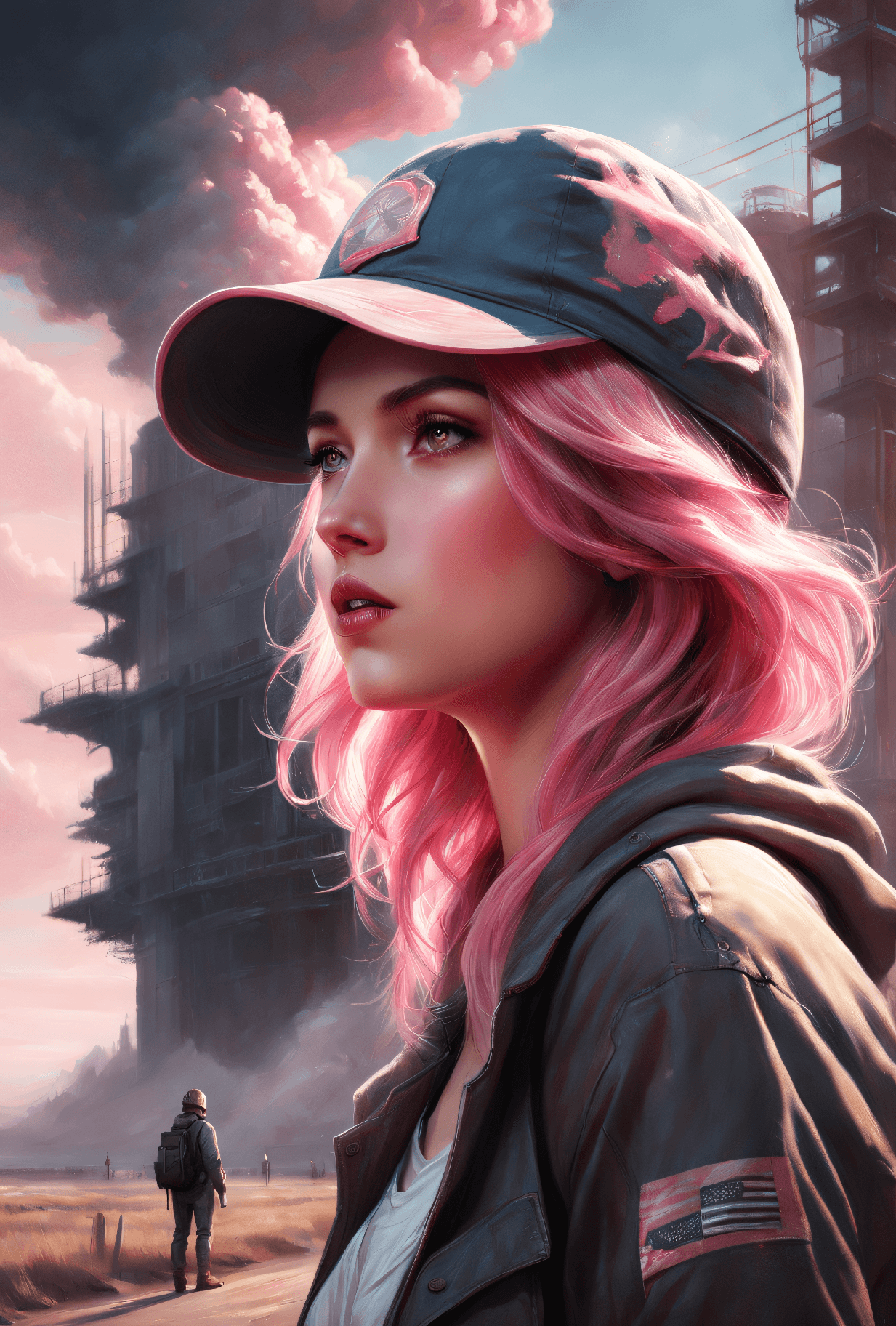 AI generated: dystopian style dystopian girl with pink hair, with a baseball cap, watching a nuclear explosion in ...