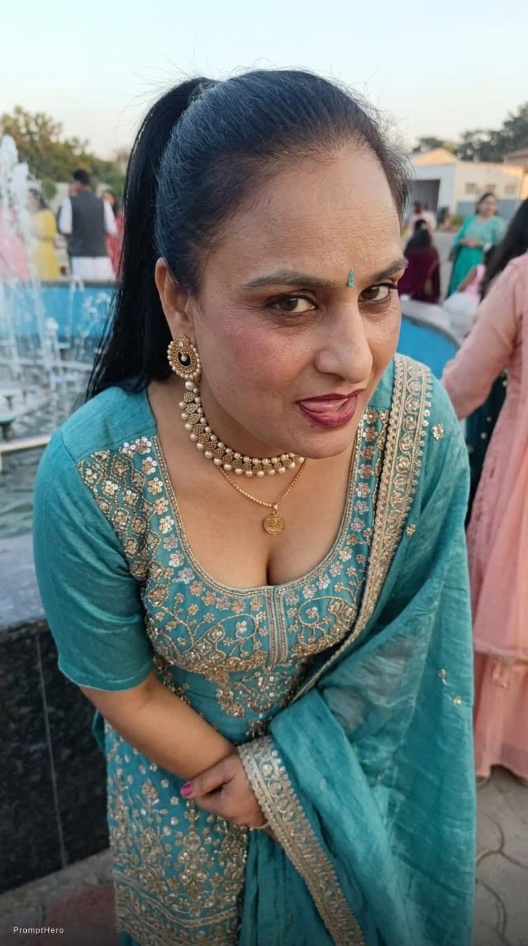 AI generated: Standing teasing, ponytail hairstyle, wearing same décolleté saree dress, looking seductive, front v...