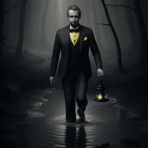 AI generated: A man in a suit, holding an broken BROKEN BROKEN bad kerosene lamp OR GASLİGHT in his hand, searchin...