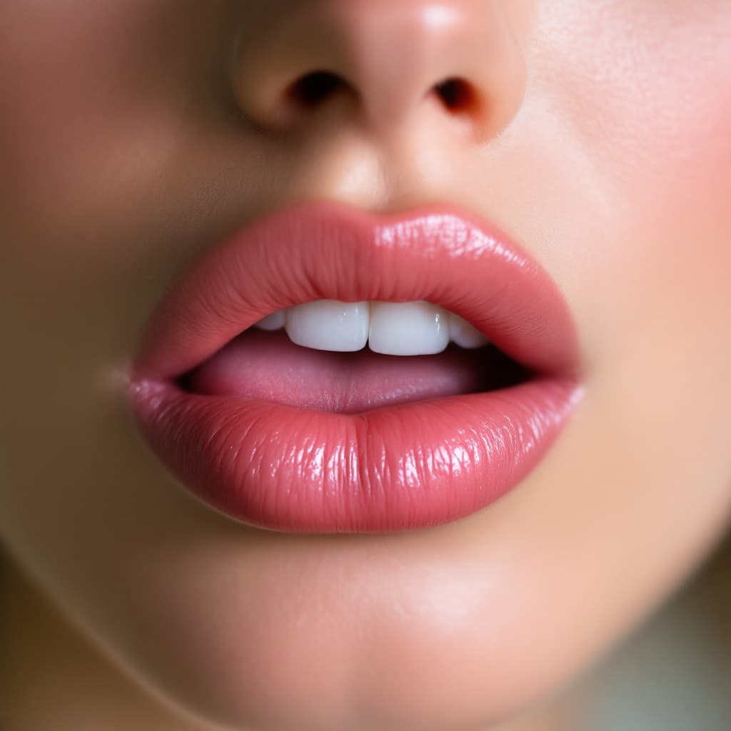 AI generated: Extreme close up, Licking lips, gorgeous woman's soft pink lips
