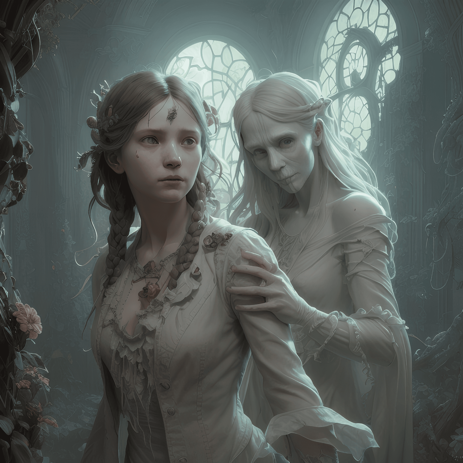 AI generated: Patch from unknown graveyard playing hide and seek with a friendly ghost, au naturel, hyper detailed...