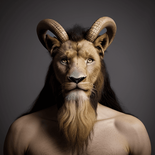 AI generated: He is NOT a human, he is dragon like. His head is horse-like. He has a deer antler on the right, a b...
