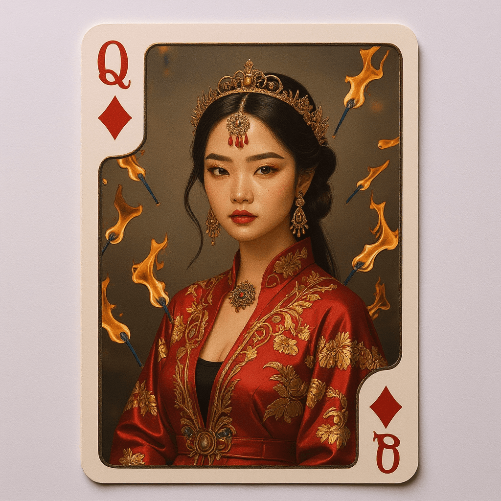 AI generated: a real playing card, the "queen of diamonds"