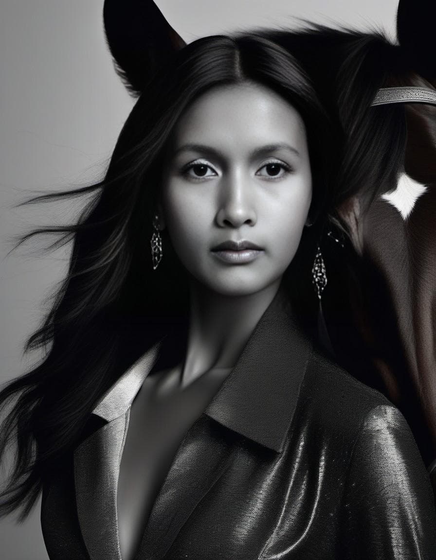 AI generated: a black and white photo of a woman leaning on a horse, luxury brand, sparkling dark jewelry, supermo...