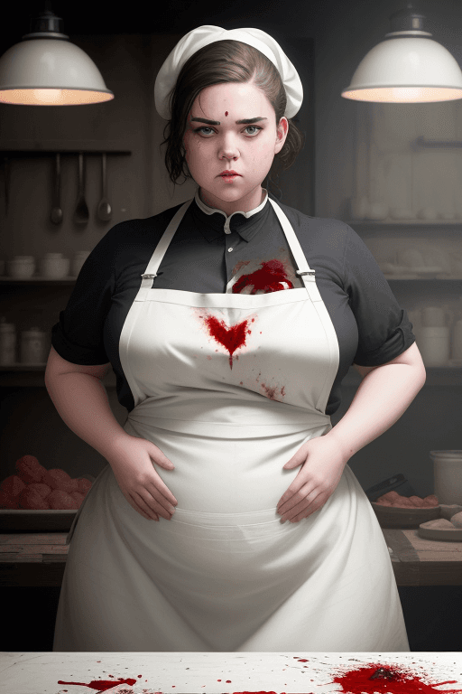 AI generated: RAW photo, low key, cinematic composition, fat  female butcher, woman, rim light, blood (white latex...