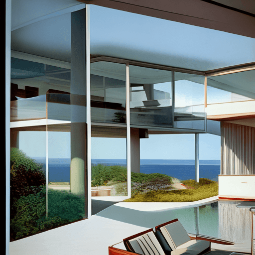 AI generated: Hyper realistic eye level exterior photo of a mid century modern style house overlooking the ocean, ...