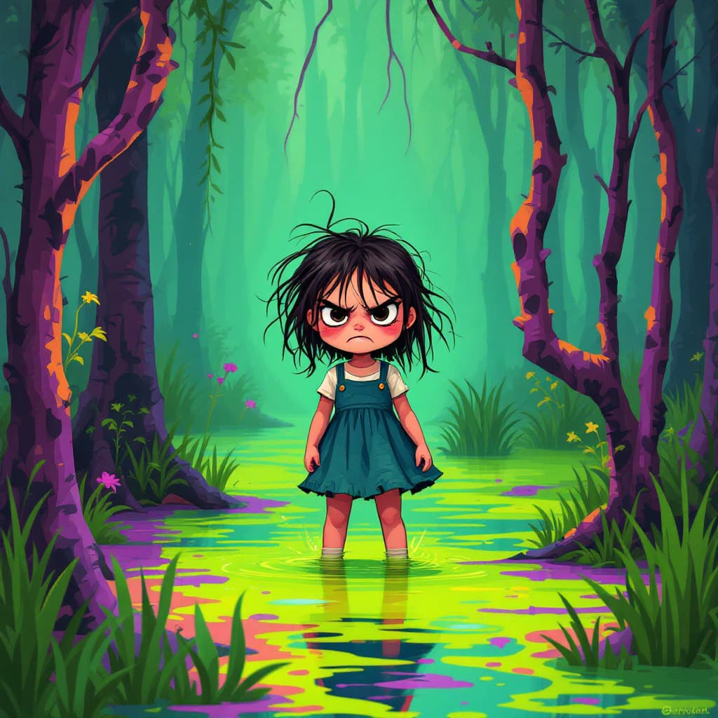 AI generated: Create a modern, colorful image of a little girl standing in a swamp, looking angry and upset. She f...