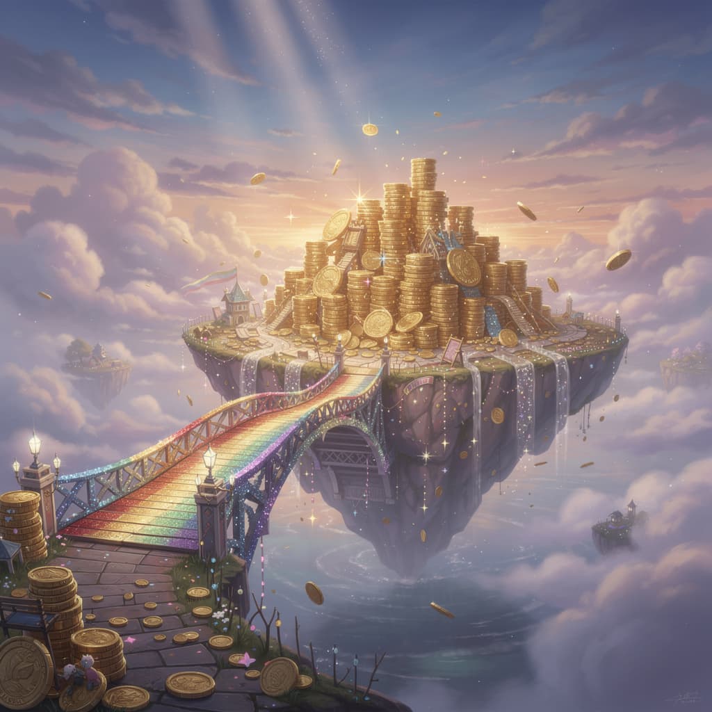 AI generated: Rainbow bridge leading to a floating island of gold coins, fantasy art


