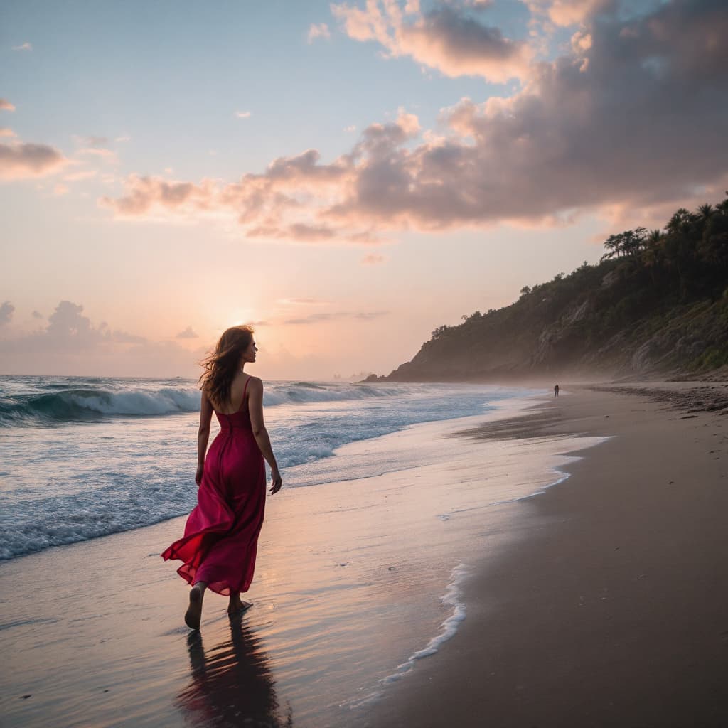 AI generated: Photo of a large 
woman walking on the beach 