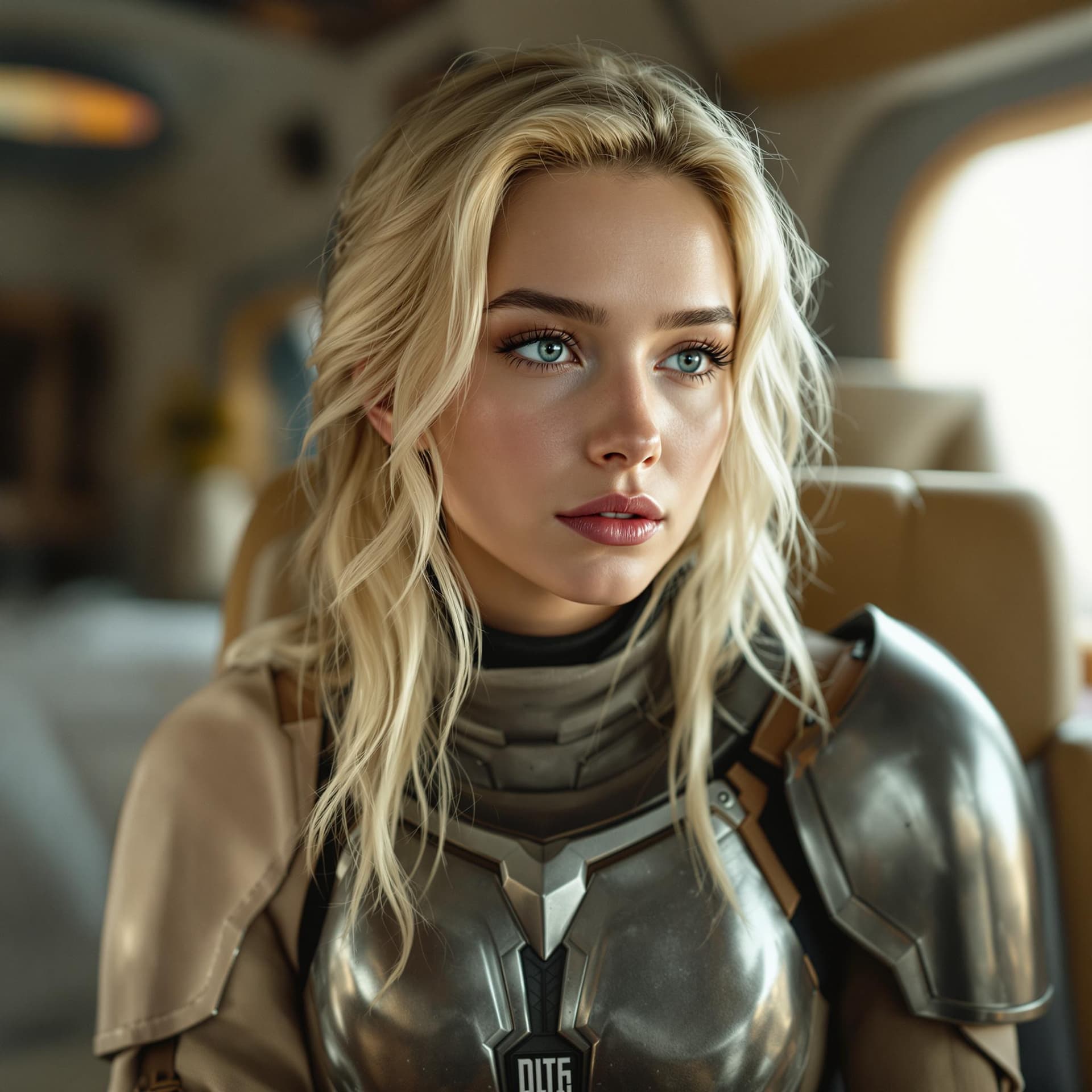 AI generated: A young Mandalorian woman with an oval face and soft, refined features. Her light blonde hair has a ...