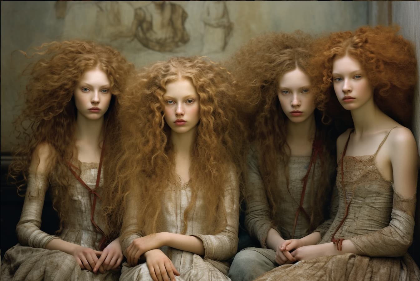 AI generated: a group of women sitting next to each other, by Annie Leibovitz, renaissance, hair flowing, karol ba...