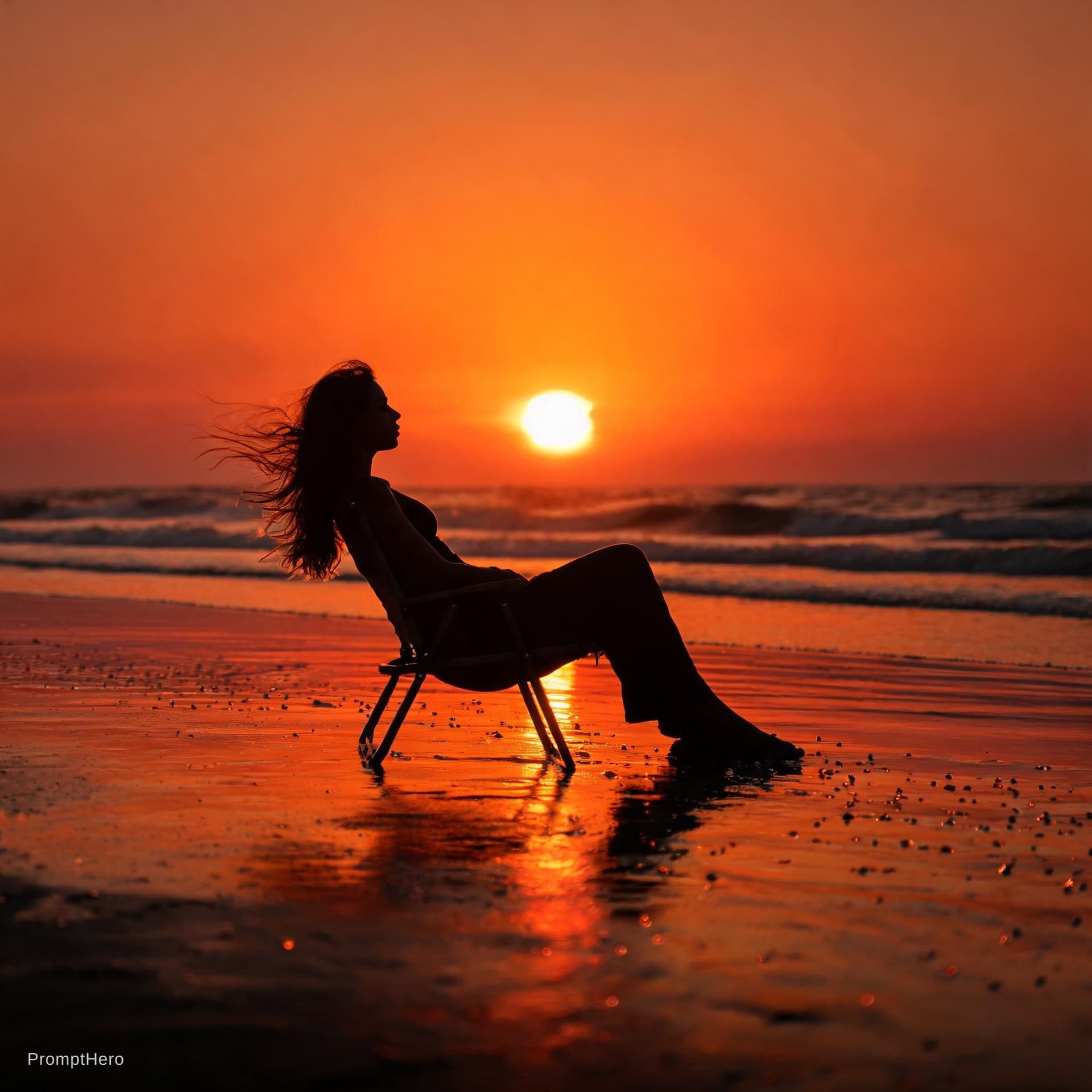 AI generated: cinematic seascape, warm color grading, long-lens compression, straight horizon, large sun near uppe...