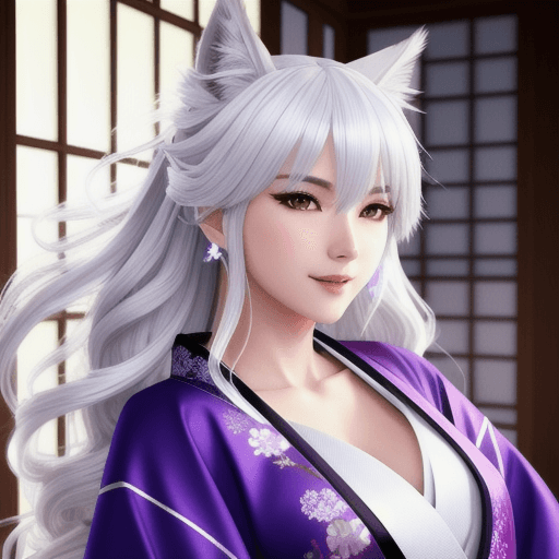AI generated: a happy beautiful white-haired anime wolf girl wearing purple kimono, wavy hair, anime, beautiful fa...