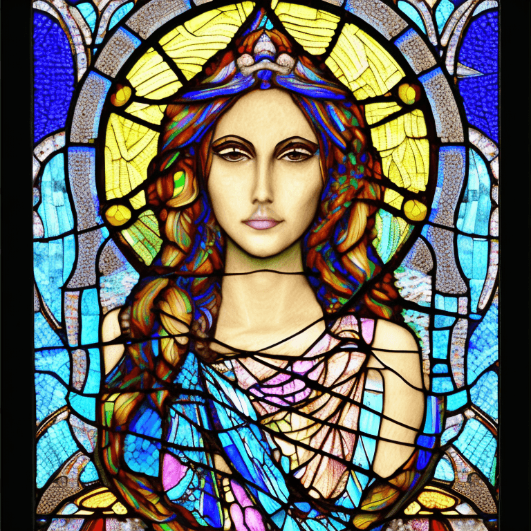 AI generated: stained glass art of goddess, mosaic-stained glass art, stained-glass illustration, close up, portra...