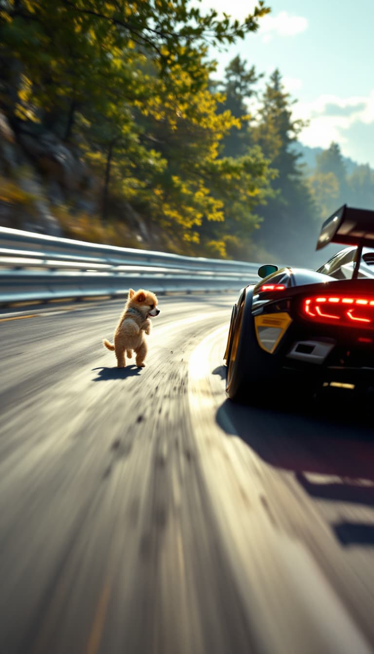 AI generated: Summer. The first racing car racing along the track makes a sharp turn. and passes next to a small p...