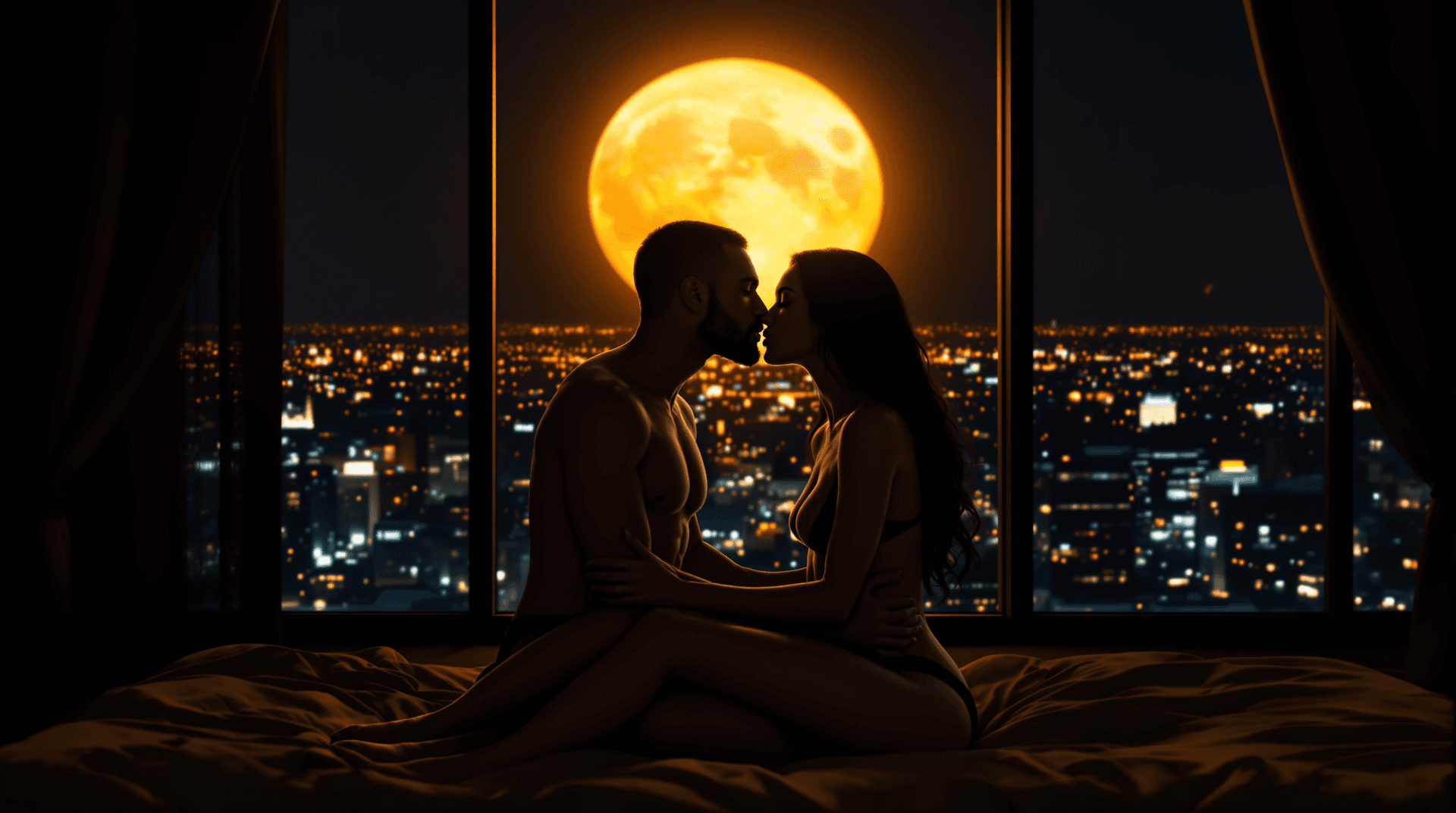 AI generated: image featuring a romantic, intimate scene set against a nighttime cityscape. A (nude) couple is sea...