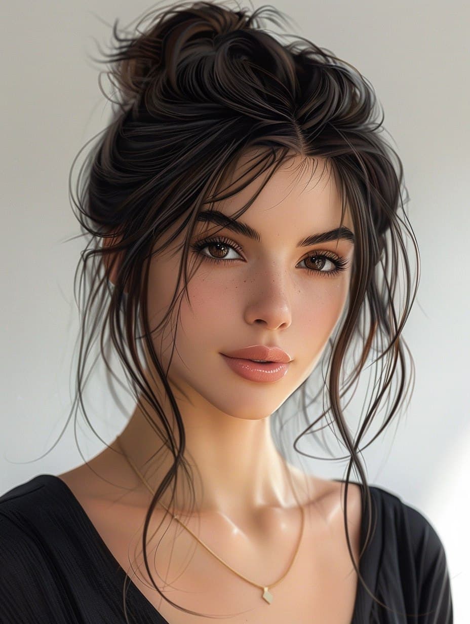 AI generated: Gorgeous brune woman with hair in a bun, in the style of Artgerm, 30 years old, generous curves, --a...