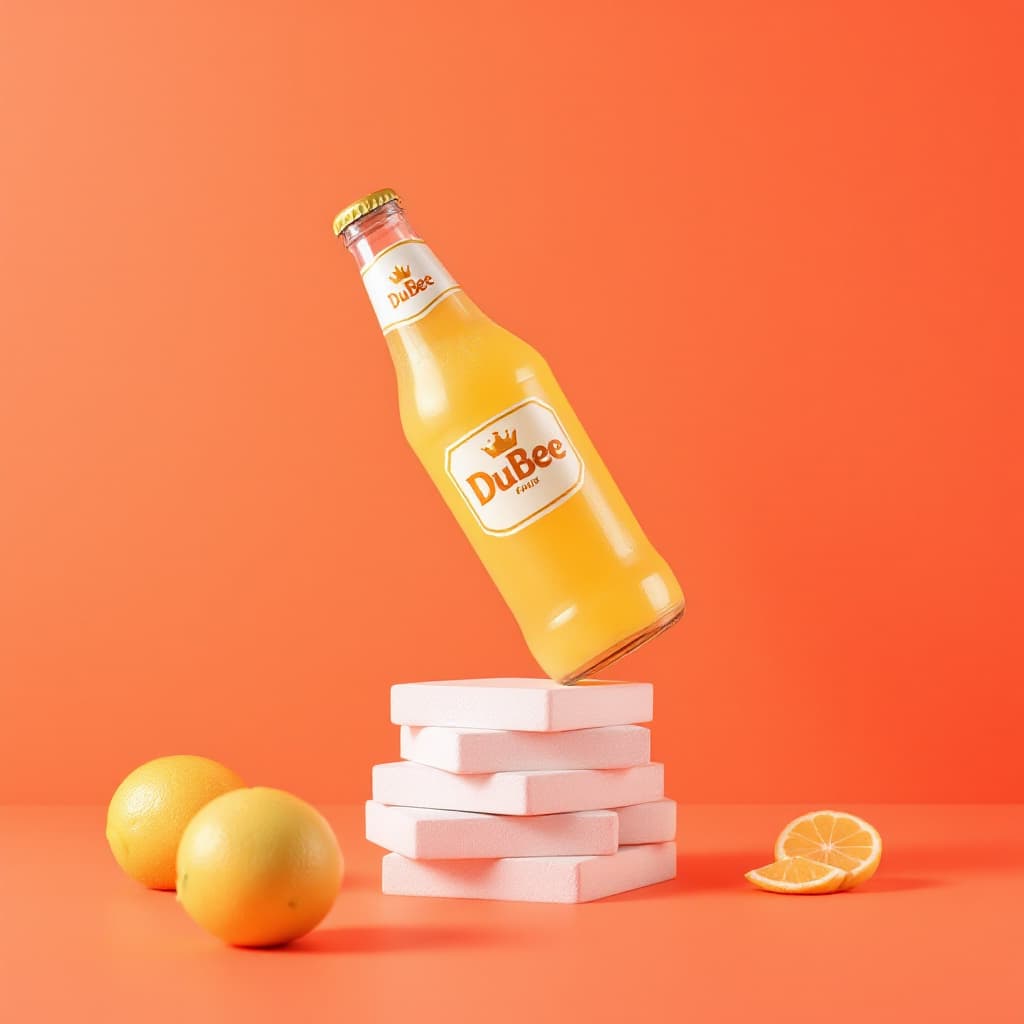 AI generated: This is a vibrant product photography composition featuring a bottle of "DuBee" beverage against a c...