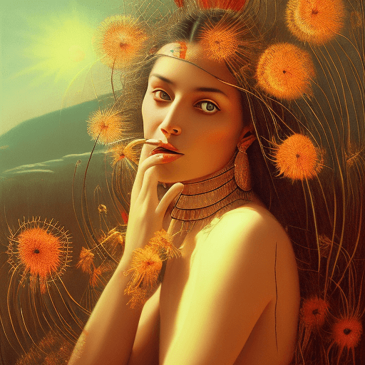 AI generated: A intriguingly beautiful native woman blowing in a dandelion, loving eye and long flowing hair, sun ...