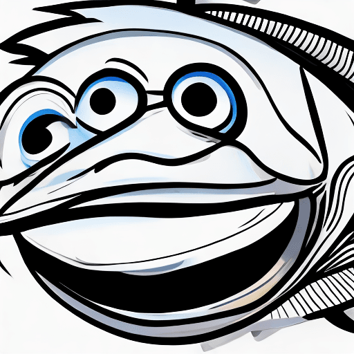 AI generated: Cartoony king mackerel fish smiling and looking at the viewer. Big, bold outline. Simple details.