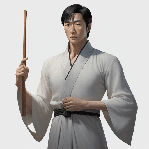 AI generated: A tall young man resembling movie legends Jet Li and Jackie Chan mythology, leans in a sophisticated...