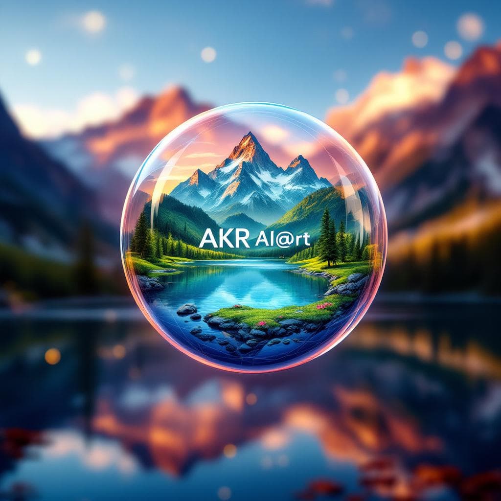 AI generated: Logo for an AI-art studio called "AKR AI-@rt", depicted inside a sphere with mountains, lush green a...