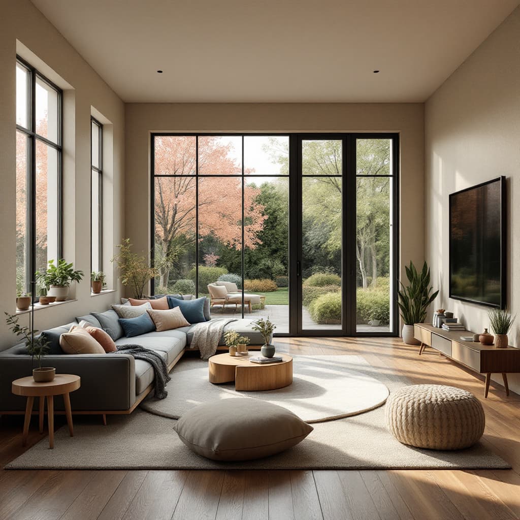 AI generated: High resolution photography interior design, dreamy sunken living room conversation pit, wooden floo...