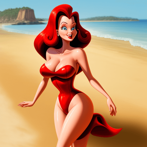 AI generated: Jessica rabbit at the beach, searching for her towel.