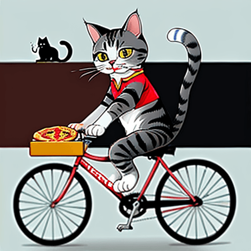 AI generated: A cat riding a bicycle with a pizza in hand