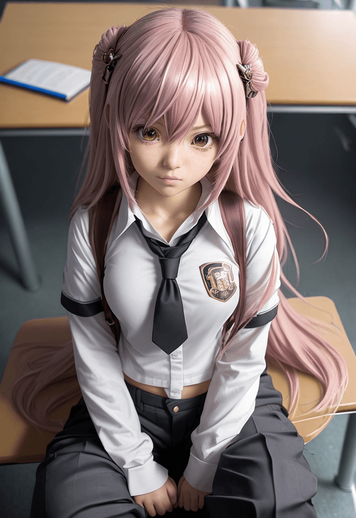 AI generated: girl, anime megurine luka, wear school clothes from Thailand, ((trousers)), best details, hyper real...