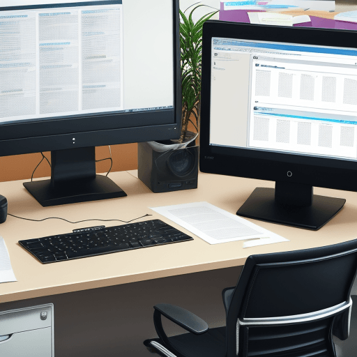 AI generated: computer screen, 20 tabs open on it, 5 large paper folders with documents next to the computer on th...