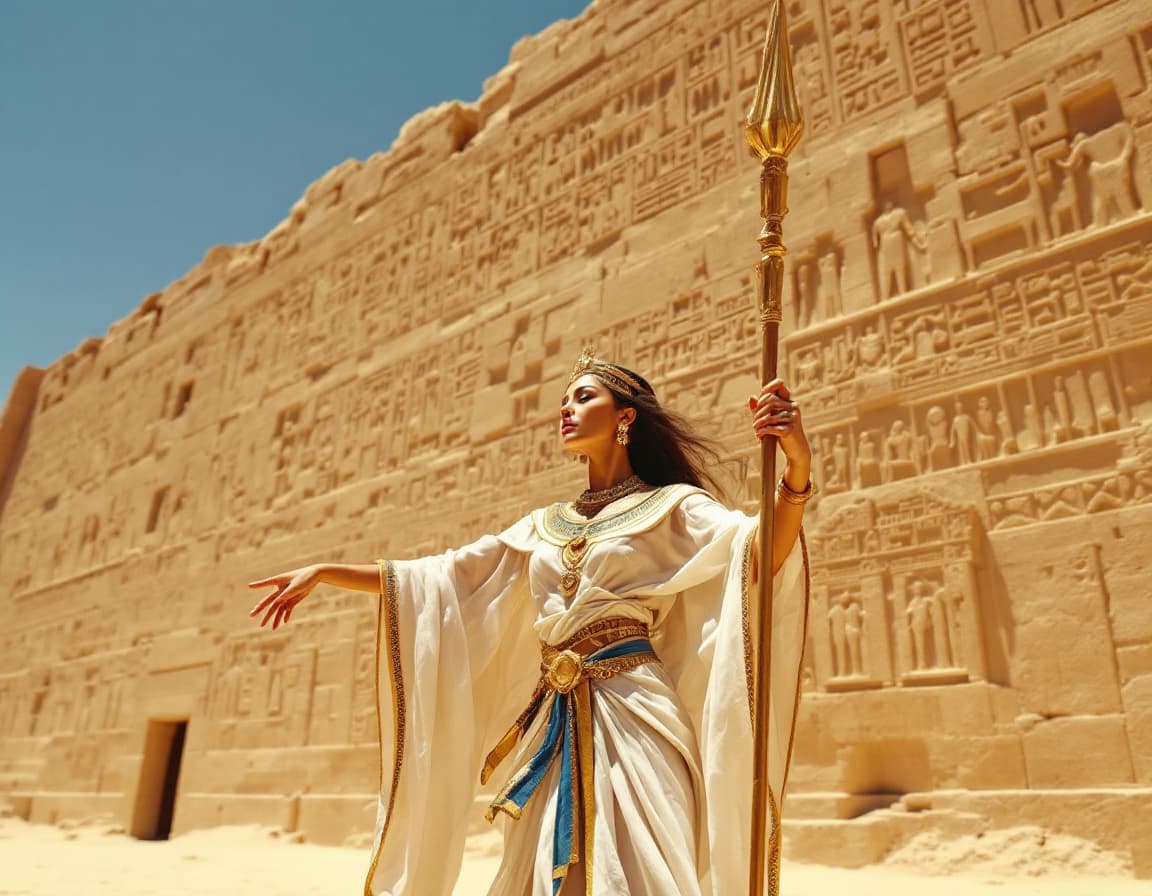 AI generated: A woman dressed in regal Pharaoh-style attire performs a slow, elegant dance in the open sun, standi...