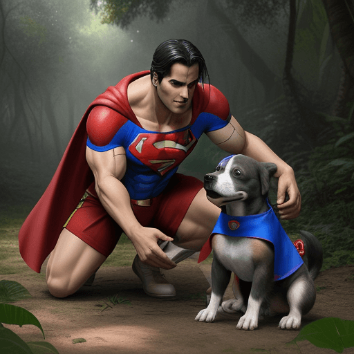 AI generated: perritos jugando en la selva con Superman y su profesor de computación 