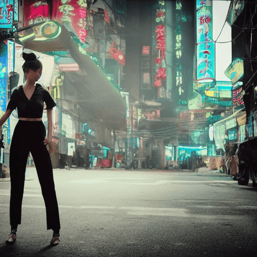 AI generated: 
A slender athletic girl with long legs, very high-heeled shoes, in her hand a long samurai katana s...