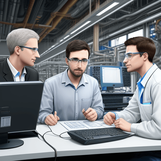 AI generated: realistic, 3 engineer in a laboratory working for automotive industry, discuting between each other ...