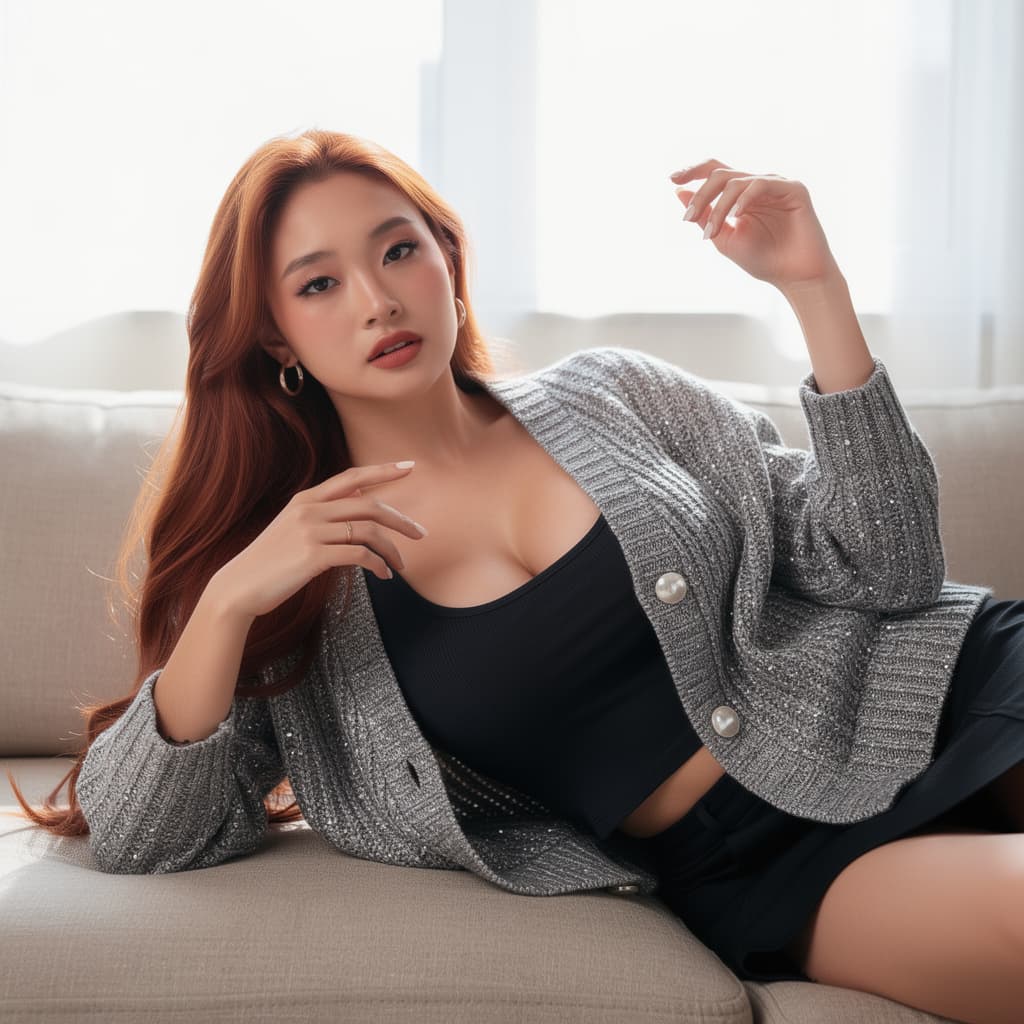 AI generated: A photorealistic gravure-style portrait of a beautiful young Asian woman reclining on a beige sofa.S...